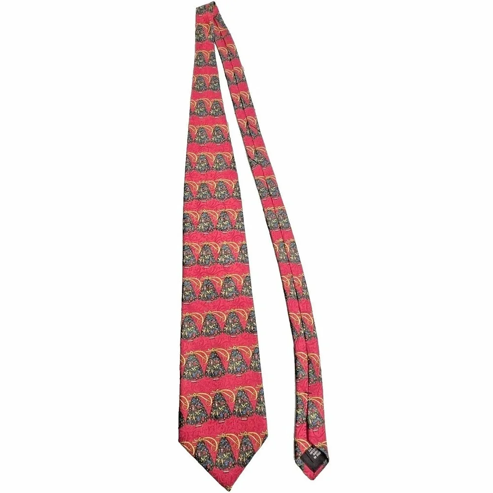 Vtg‎ 90s Hallmark Christmas Tie Red Silk Made in USA Holiday Traditions Trees